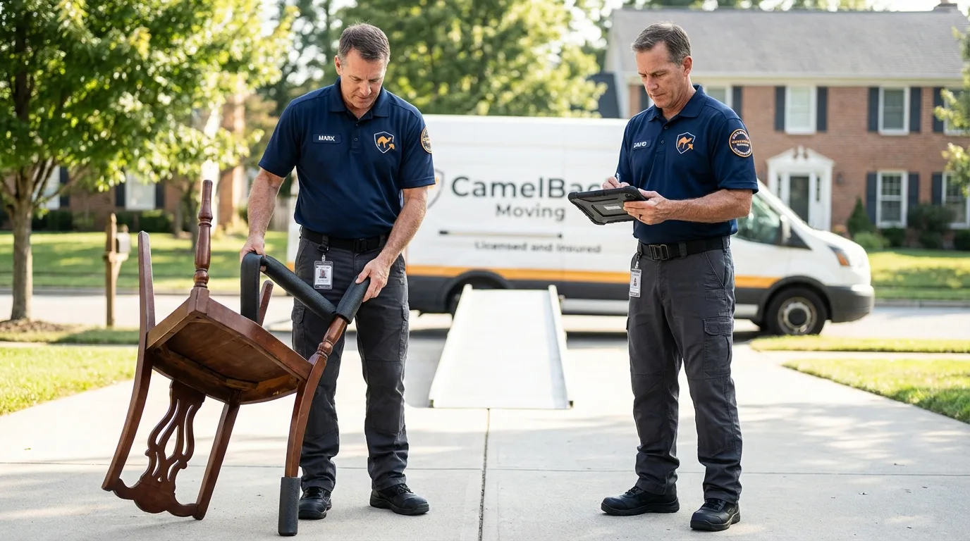 Movers inspecting furniture for damage prevention before loading in Dresher, PA