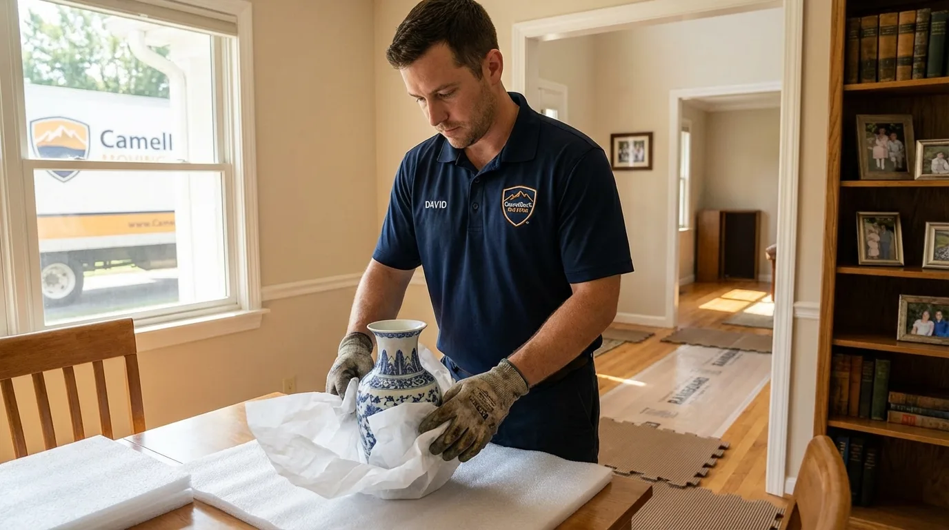 Professional crew carefully wrapping antique vase for senior downsizing move in Dresher, PA